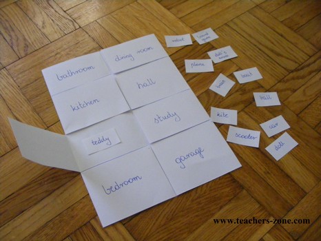 Simple and involving game to practise toys (or school supplies, or pets) and rooms of the house vocabulary.
