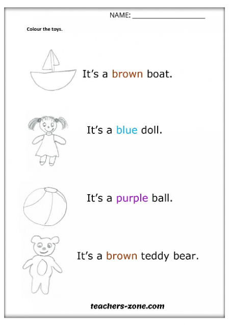 Toys and colours - printable worksheet for kindergarten 