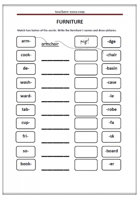 Furniture in the house worksheet for primary school