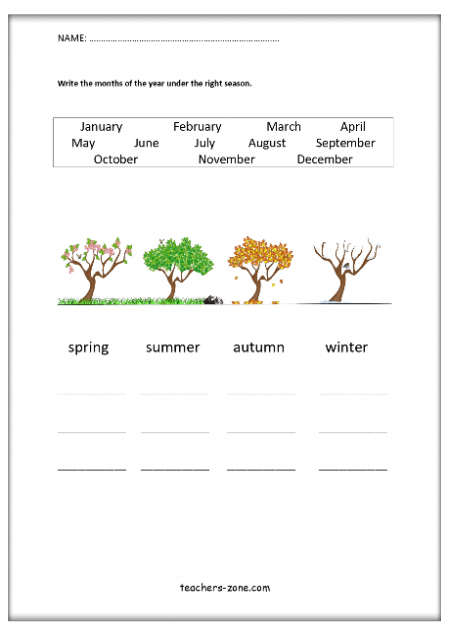 Months and seasons printable worksheets for ESL