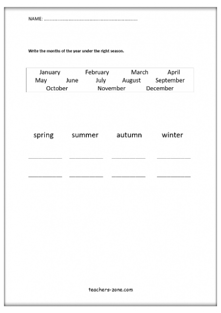 Months and seasons worksheets for primary students