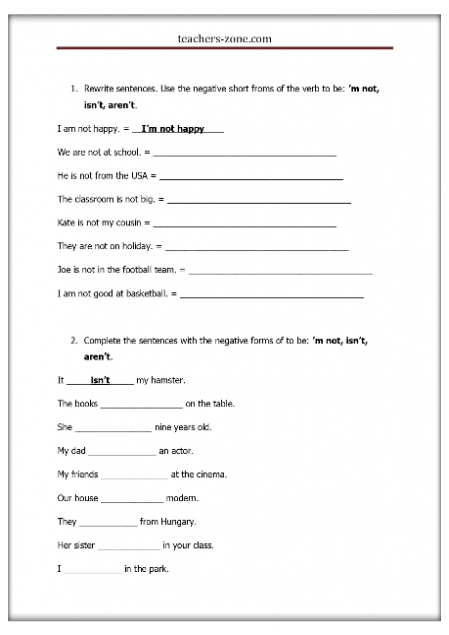 Free printable exercises for negatives of the verb 'to be'