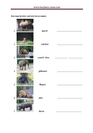 Rearrange the letters and write the names of the zoo animals