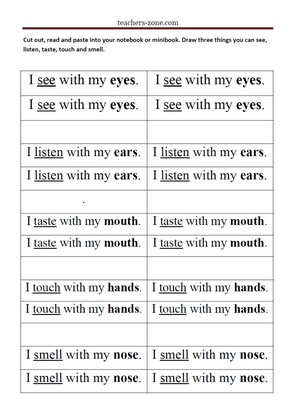 My 5 senses and body parts - simple reading task.