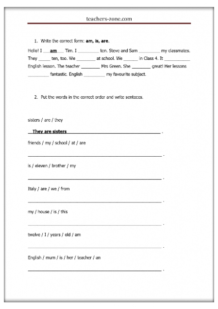 Affirmative forms of 'to be'- exercises for primary school and ELT