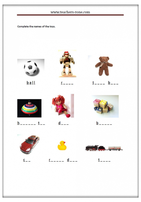 Free printable toy worksheets for primary school and ESL kids