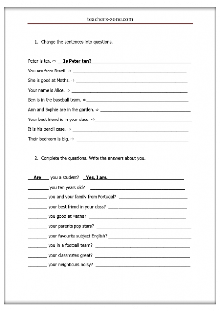 Free printable exercises for questions and short answers with 'to be'