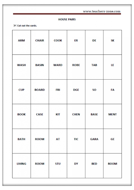 House pairs - vocabulary printable worksheet